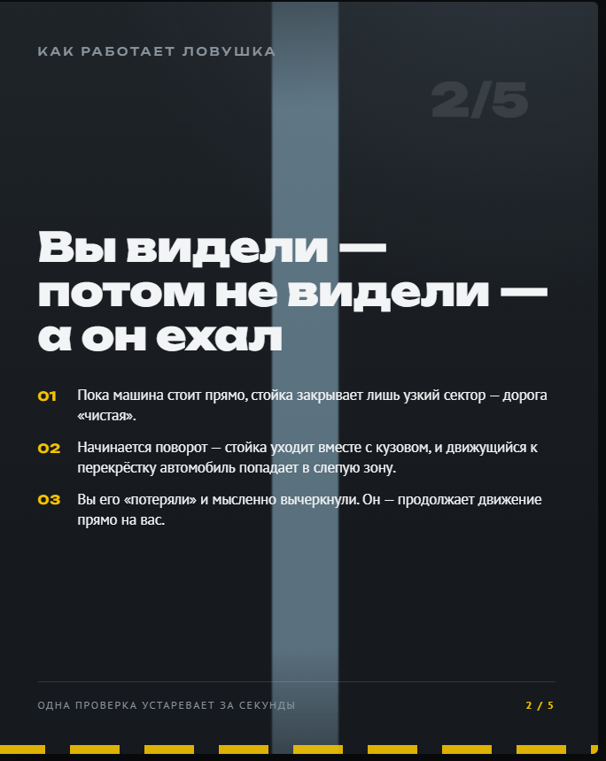 «Слепая зона» передней стойки крыши превращает новичков в участников ДТП