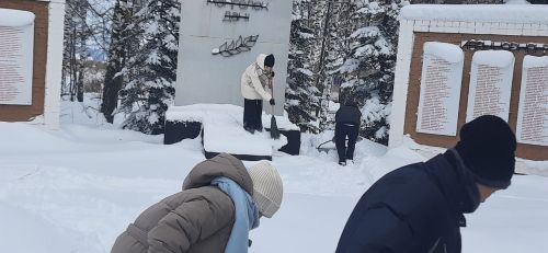 Активисты «Движения Первых» расчистили памятник воинам ВОВ от снега