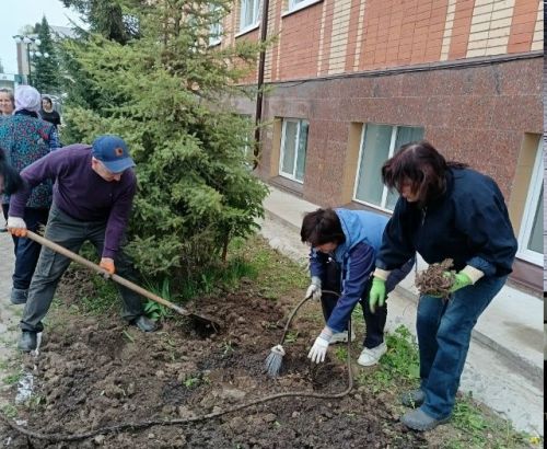 В Детской школе искусств прошел субботник: сотрудники вышли озеленять территорию