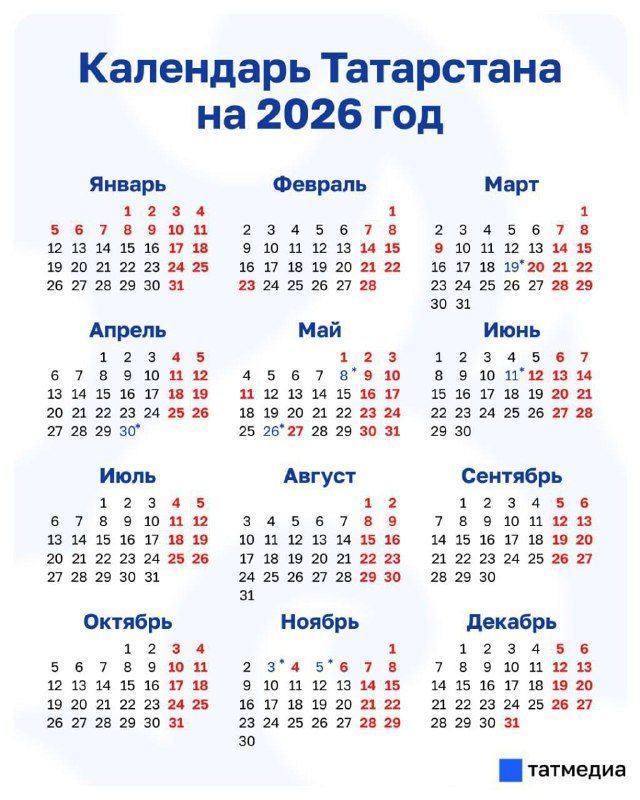 В 2026 году у татарстанцев будет 8 длинных выходных при пятидневке